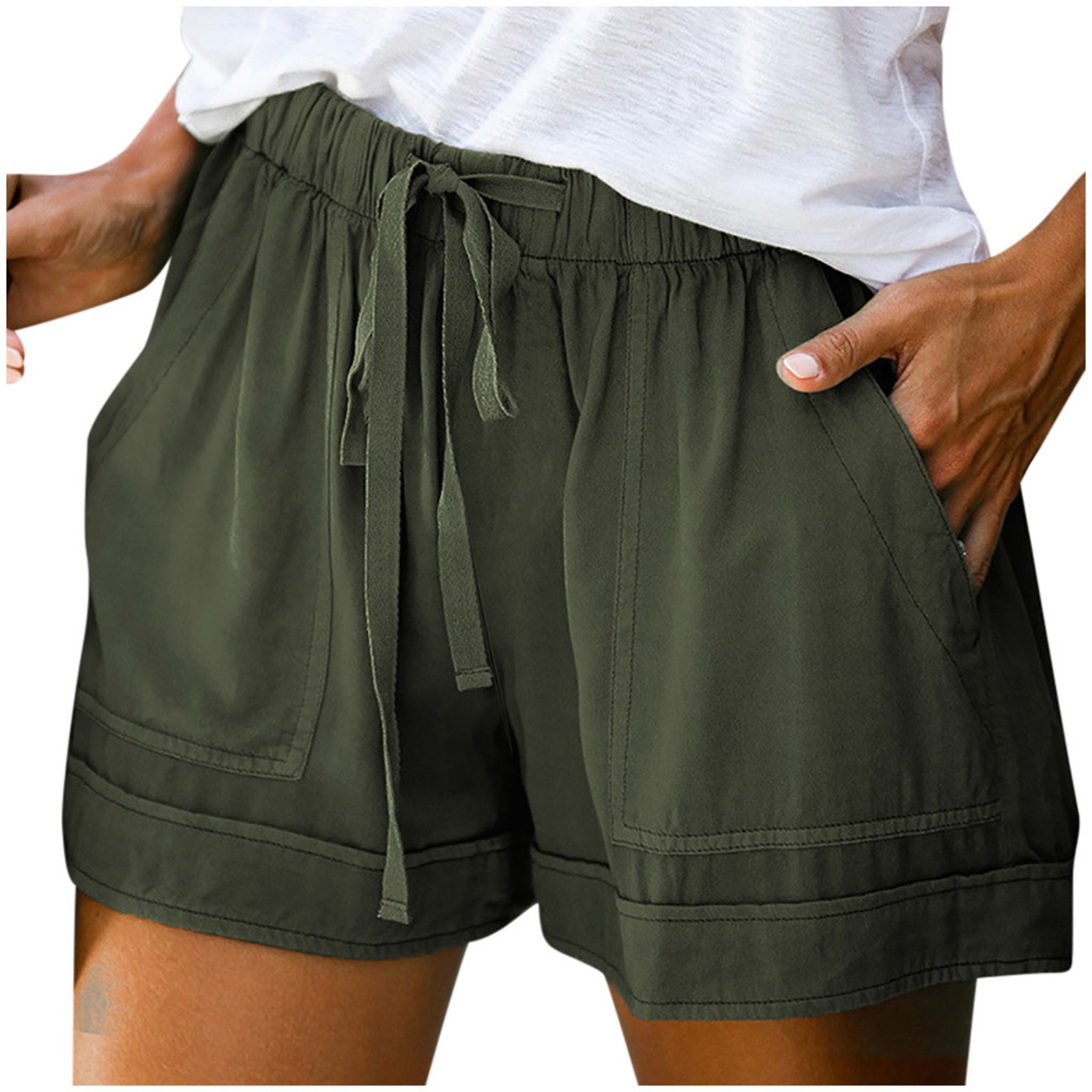thumbnail image 4 of Pantalones cortos cómodos con cordón y cintura elástica para mujer - Pantalones holgados de color liso con bolsillos - Ropa informal de verano de poliéster, 4 of 8